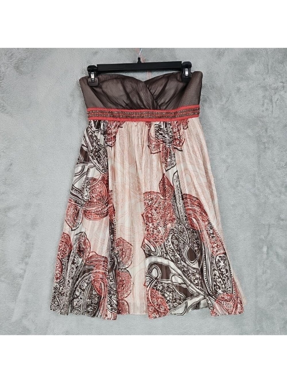 BCBGMAXAZRIA Dress Womens 0 Multicolor Paisley Strapless Beaded Silk Fit & Flare